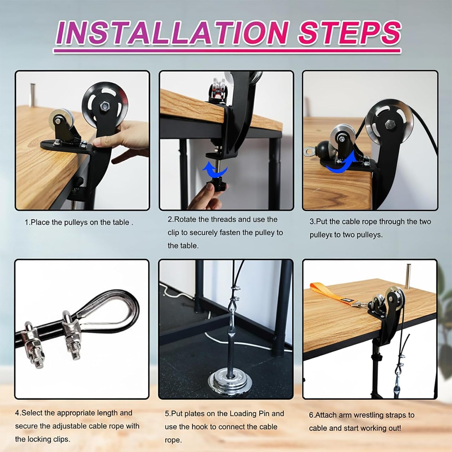 Arm Wrestling Pulley System with Adjustable 1.5m Steel Cable, Dual Aluminum Pulleys, 220lb Capacity, Table Clamp and Loading Pin for 1” & 2” Weight Plates, Wrist Strength Training Equipment