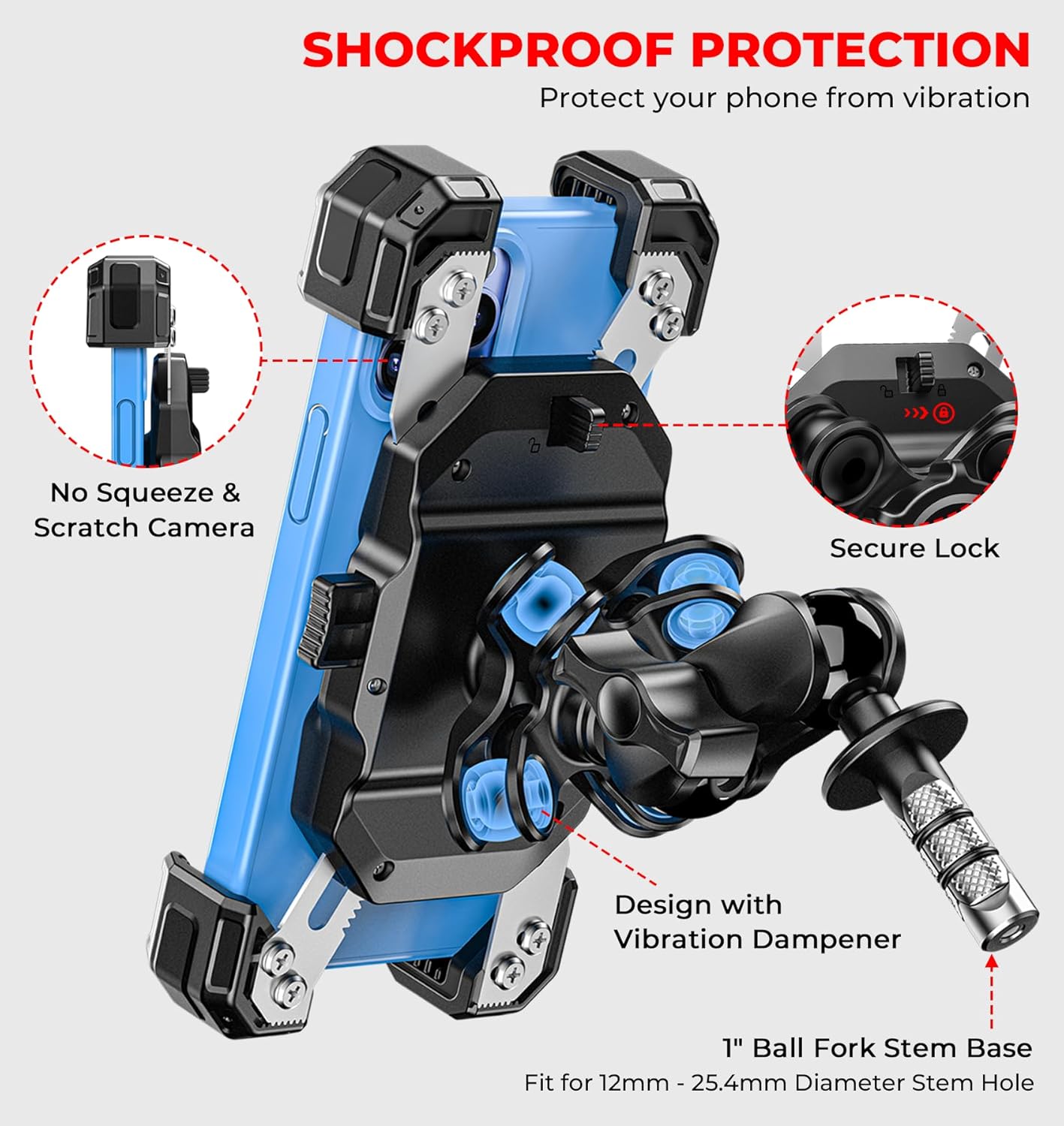 Motorcycle Fork Stem Phone Mount with Vibration Dampener, Motorcycle Cell Phone Holder with Aluminum Alloy Anti-Theft Short Arm, Fit 12mm to 25.4mm Diameter Stem Tubes, for 5.5"-7.2" Phones