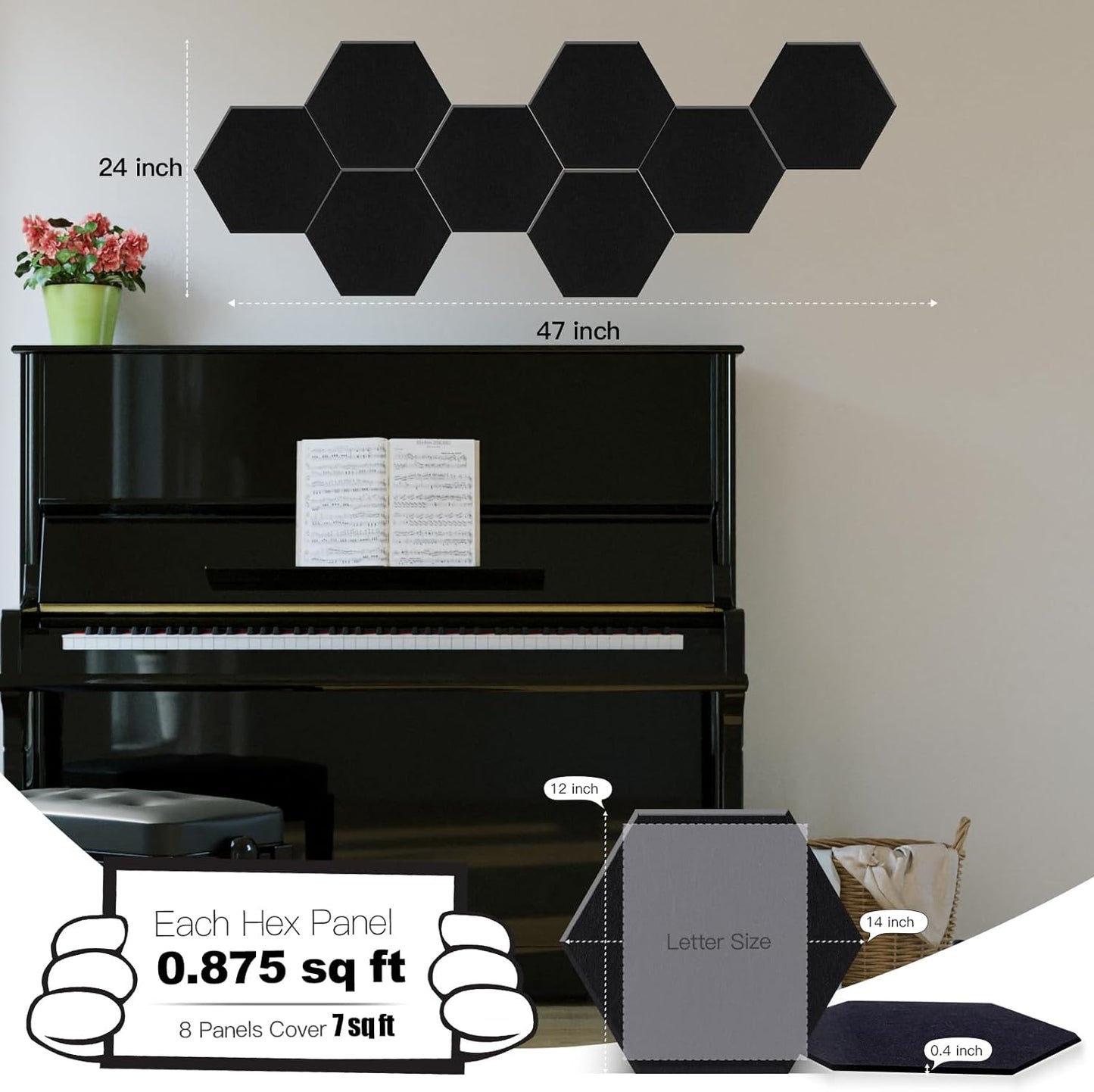 Mollywell Hexagon Acoustic Panels, High Density, Soundproofing, Decorative Noise Reduction Felt Wall Tiles for Ceilings, Home Office & Gaming Room (Black), 14x12x0.4 Inch