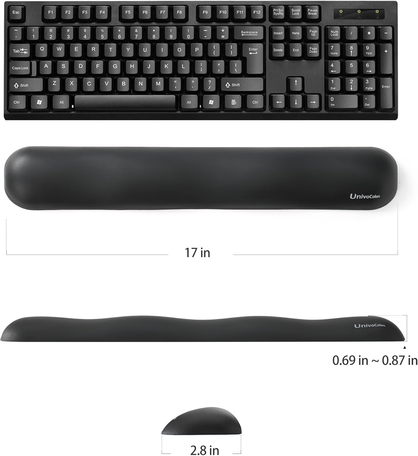 UnivoColors Design-Wave Set of Wrist Rest,Artificial Sheepskin+Memory Foam+Ergonomic+Anti-Slip Gel, Resilience Support During Work and Gaming,Keyboard Accessory,Black