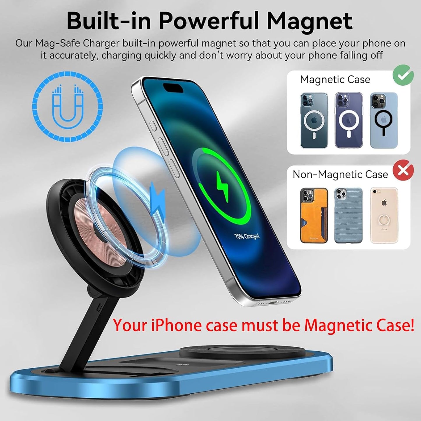 3 in 1 Wireless Charger for iPhone, Foldable Charging Station for Magsafe for iPhone 16/15/14/13/12/Pro Max/Pro/Mini/Plus, Apple Watch 10/9/8/7/SE/6/5/4/3/2/1/Ultra2/Ultra, AirPods pro/2/3/4 (Blue)