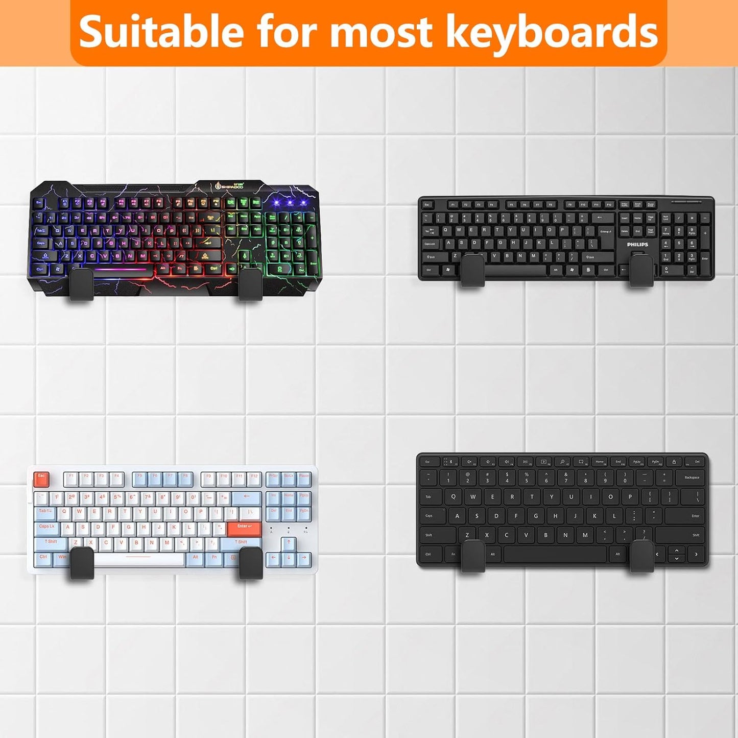 2-in-1 Keyboard Wall Mount - Metal Hanger with Adhesive & Screws, Fits Mechanical Keyboards Up to 3cm Thick