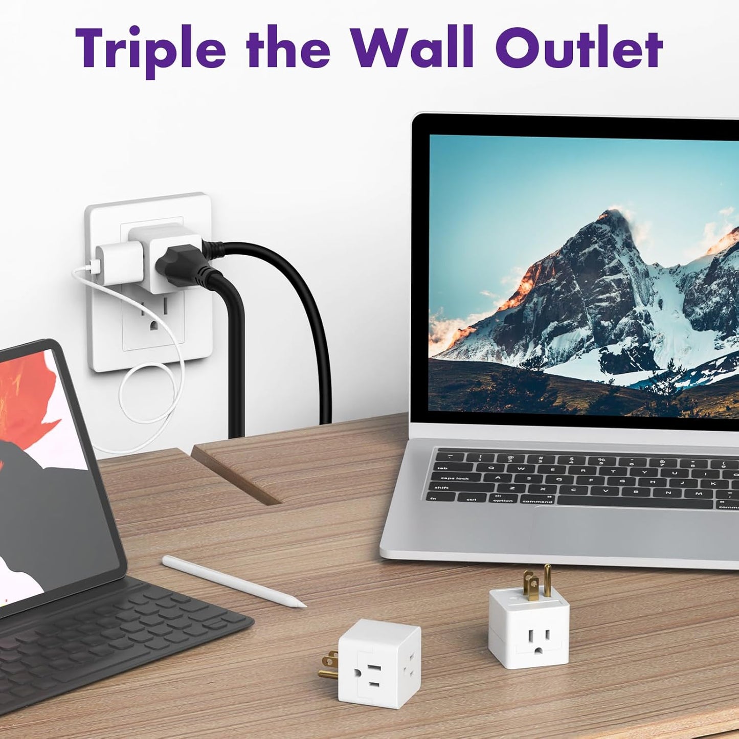 POWERCORDS 3 Power Blocks Outlet Splitter, 3 Pack, Grounded Wall Tap, 3-Prong Plug Adapter AC Multi Plug Wall Outlet, Power Splitter, Cruise Essentials, for Home Office School Dorm, UL Listed, White