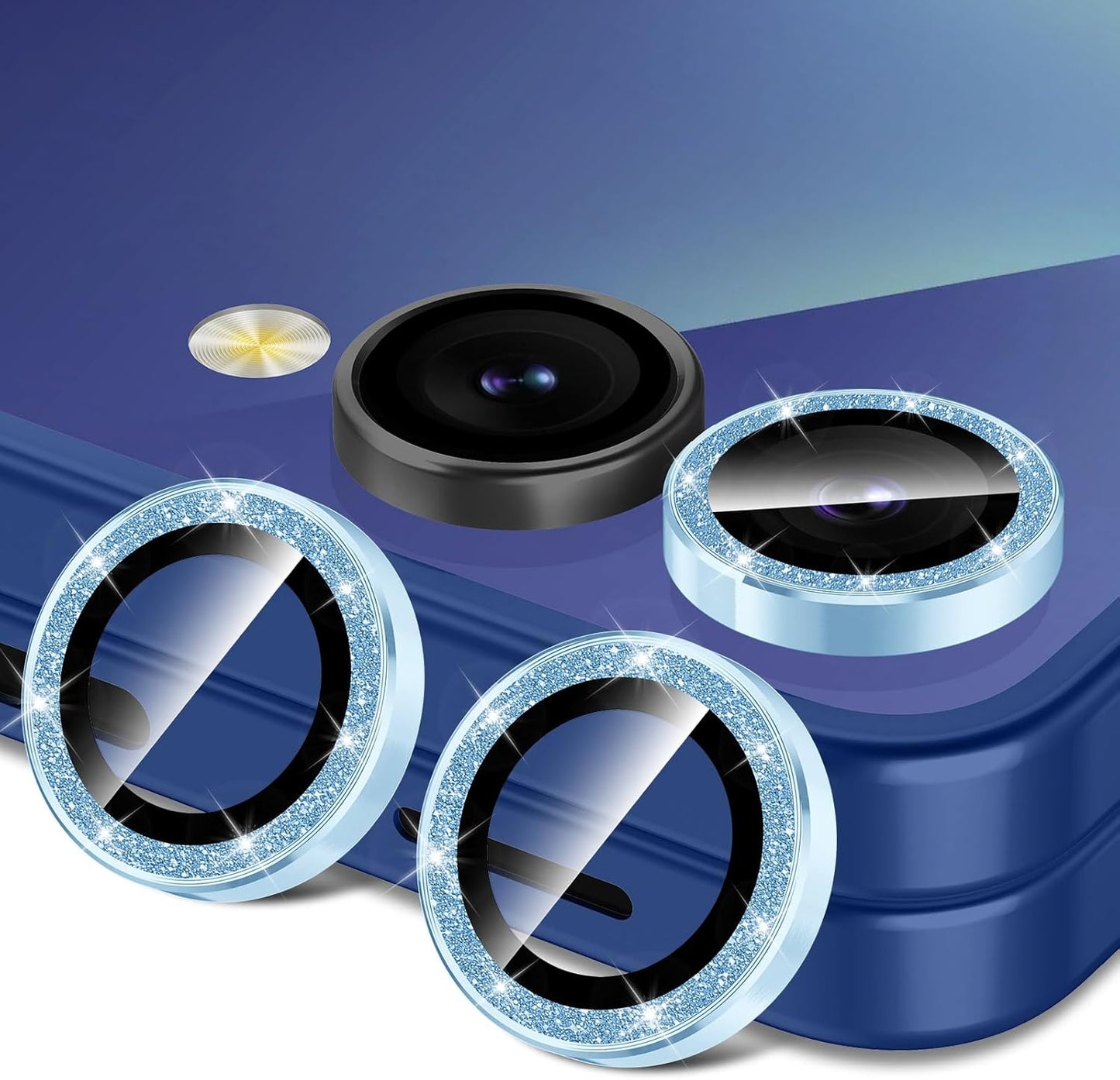 for Samsung Galaxy Z Flip 7 Camera Lens Protector, Individual Metal Ring Tempered Glass Lens Cover, [Strong Adsorption] Scratch Resistant Ultra-Thin HD Clear Lens Cover, 1 Set-Blue Sparkly