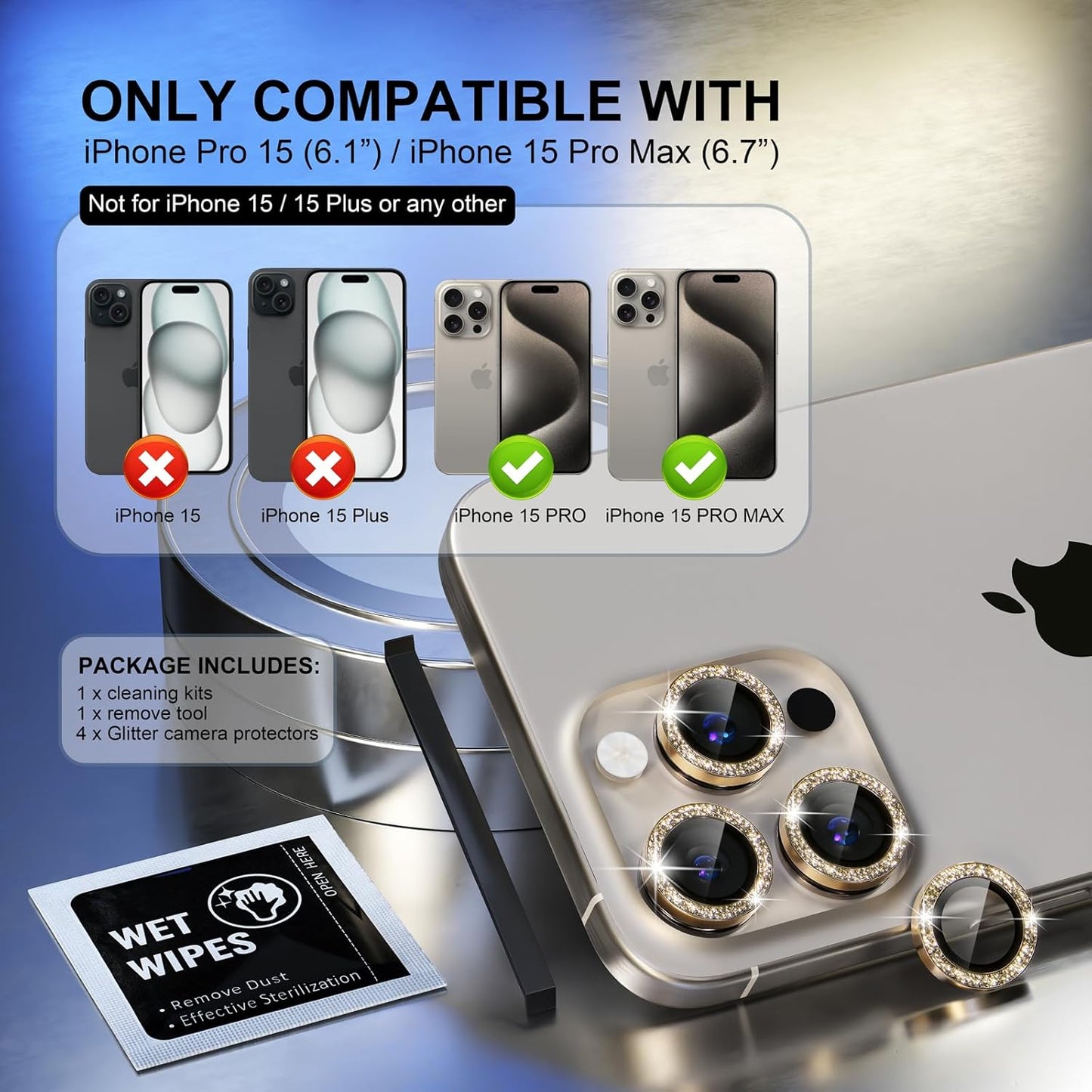 Choiche Compatible for iPhone 15 Pro/iPhone 15 Pro Max Camera Lens Protector Bling, 9H Tempered Glass Camera Cover Screen Protector Metal Ring Decoration Accessories (Glitter-Gold)