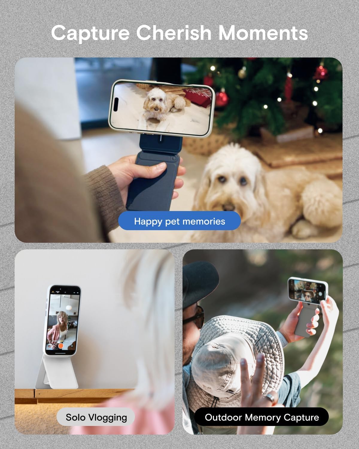 MOFT Phone Tripod Stand Selfie Stick for iPhone, Multi-Angles iPhone Stand, Lightweight & Portable Phone Holder, Strong Magnets, MOVAS Vegan Leather, Travel Essentials, Cement (Without Card Slot)