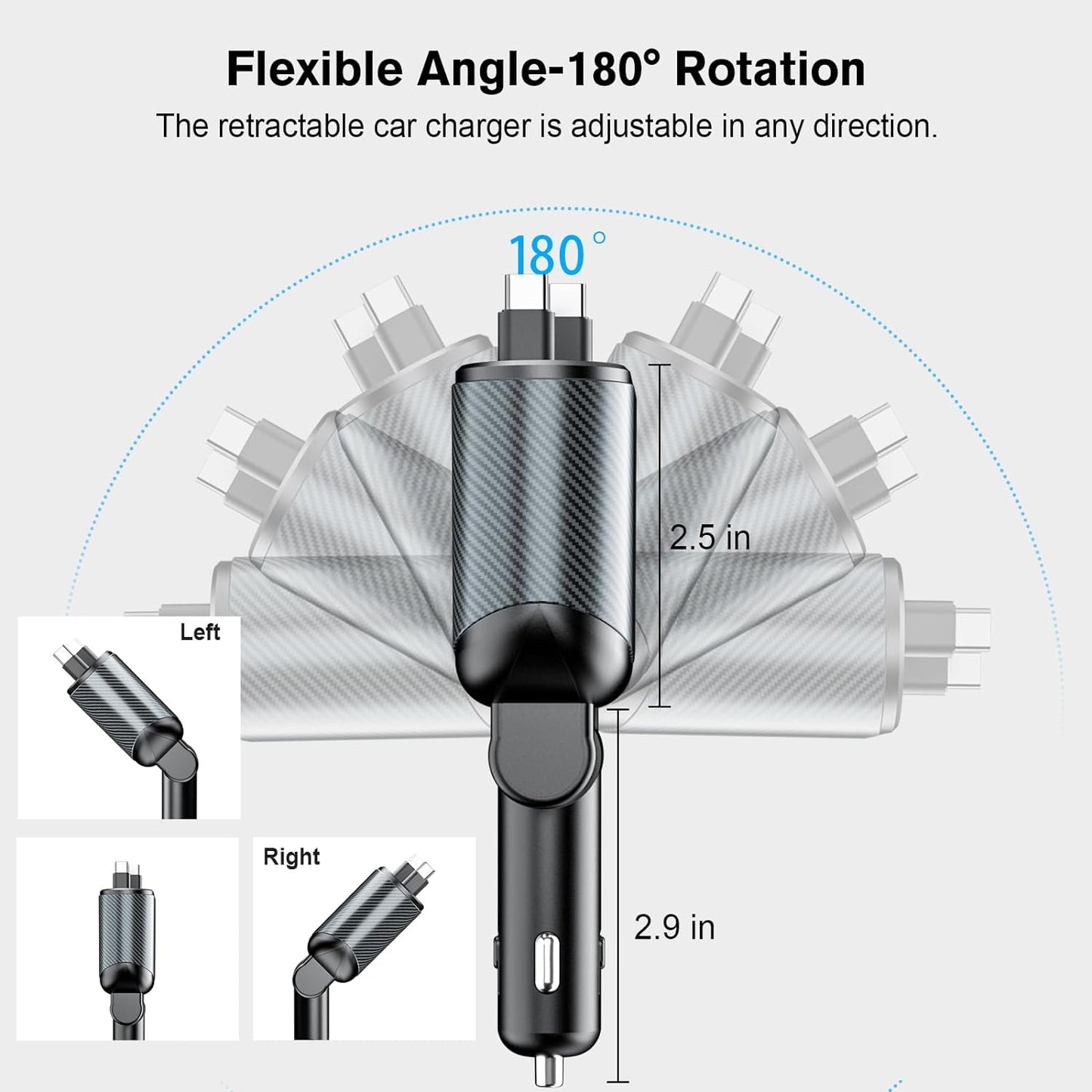 Retractable Car Charger for 4 in 1 Fast Charging Max 80W【ONLY 2 Type-C Charging Cable】 for iPhone16 15/Galaxy,USB-A/C Port for iPhone16/15/14/13/Pro Max Plus,iPad,AirPods,PD 3.0 Cord