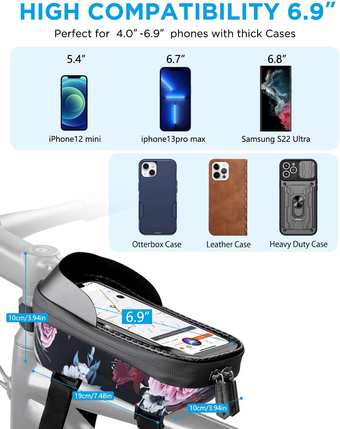 whale fall Hard Casing Floral Bike Bag, Never Deform/Waterproof, Bike Phone Mount with 0.25mm Sensitive TPU Touch-Screen, with Rain Cover for Phones under 6.9''