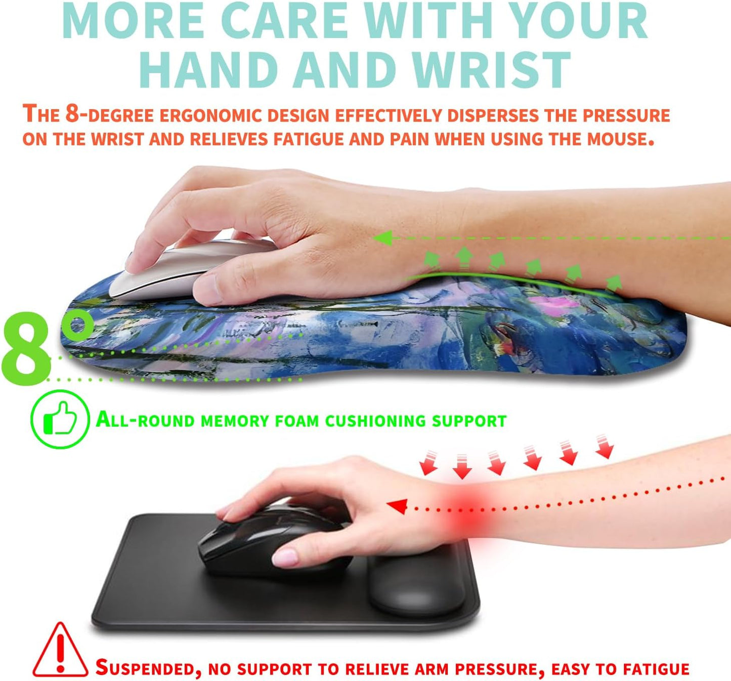 Ergonomic Mouse Pad Wrist Support with Memory Foam Massage Bulge, Carpal Tunnel Pain Relief Mousepad Wrist Rest for Mouse(12x8 inch, Lotus Pond)