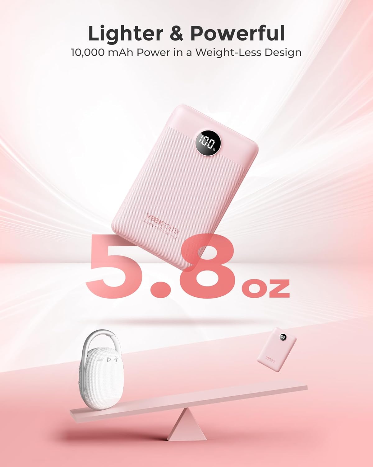 VEEKTOMX Small Portable Charger, Mini Power Bank 10000mAh, PD 22.5W Fast Charging USB-C Battery Bank, Travel Essentials Dual Voltage External Portable Powerbank for iPhone/Samsung/Google Pixel, Pink