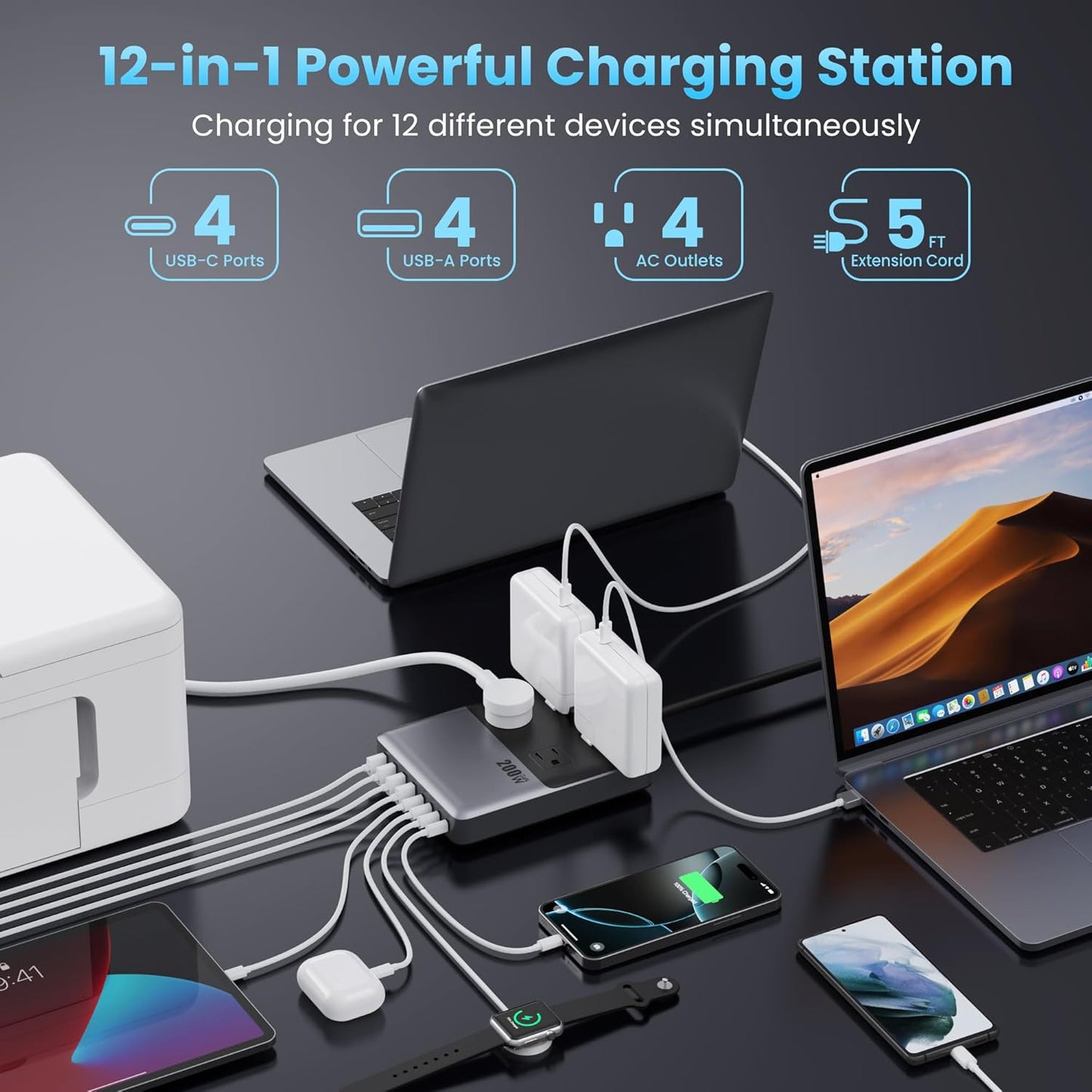 12-in-1 Charging Station USB C Power Strip with 5ft Cord and Plug,200W GaN IV USB C Charger Block,4 AC Outlets,4 USB-A,4 USB-C for MacBook,iPhone 16/15/14,Fast Charging Desktop Charger for Office,Home