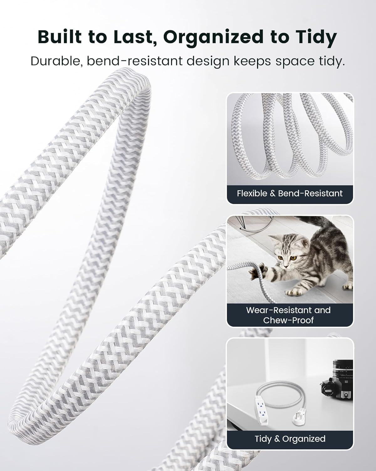 SURAIELEC Flat Extension Cord 3FT, 360° Rotating Flat Plug Extension Cord with 3 Outlets, Braided White Cord for Indoor Use, Small Space, Compact Areas, 16/3C SPT, ETL Listed, 2 Pack