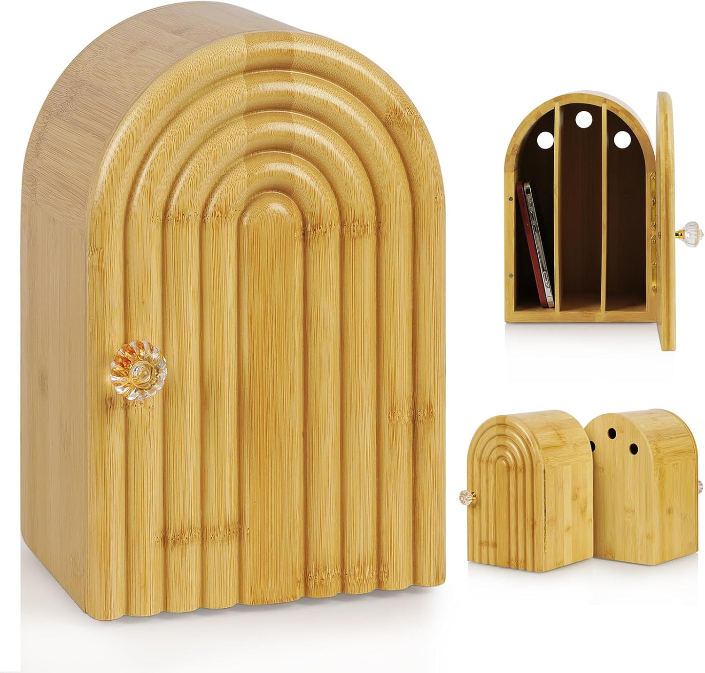 Phone Box for Family Time, Bamboo Cell Phone Jail, 3 Sections Hold 6 Phones, with Charging Holes, Phone Holder Self-Discipline Box, Help Kids Adults Focus Back, Mobile Phone Addiction (Wood)
