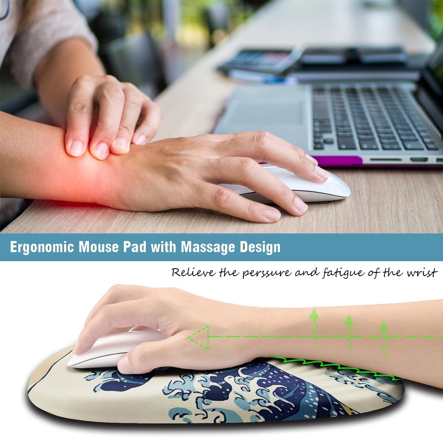 Ergonomic Mouse Pad Wrist Rest, Japanese Sea Wave Mouse Pad with Wrist Support, Memory Foam Massage Design & Non-Slip PU Base MousePads for Pain Relief, Desk, Office, Home, Kanagawa Wave