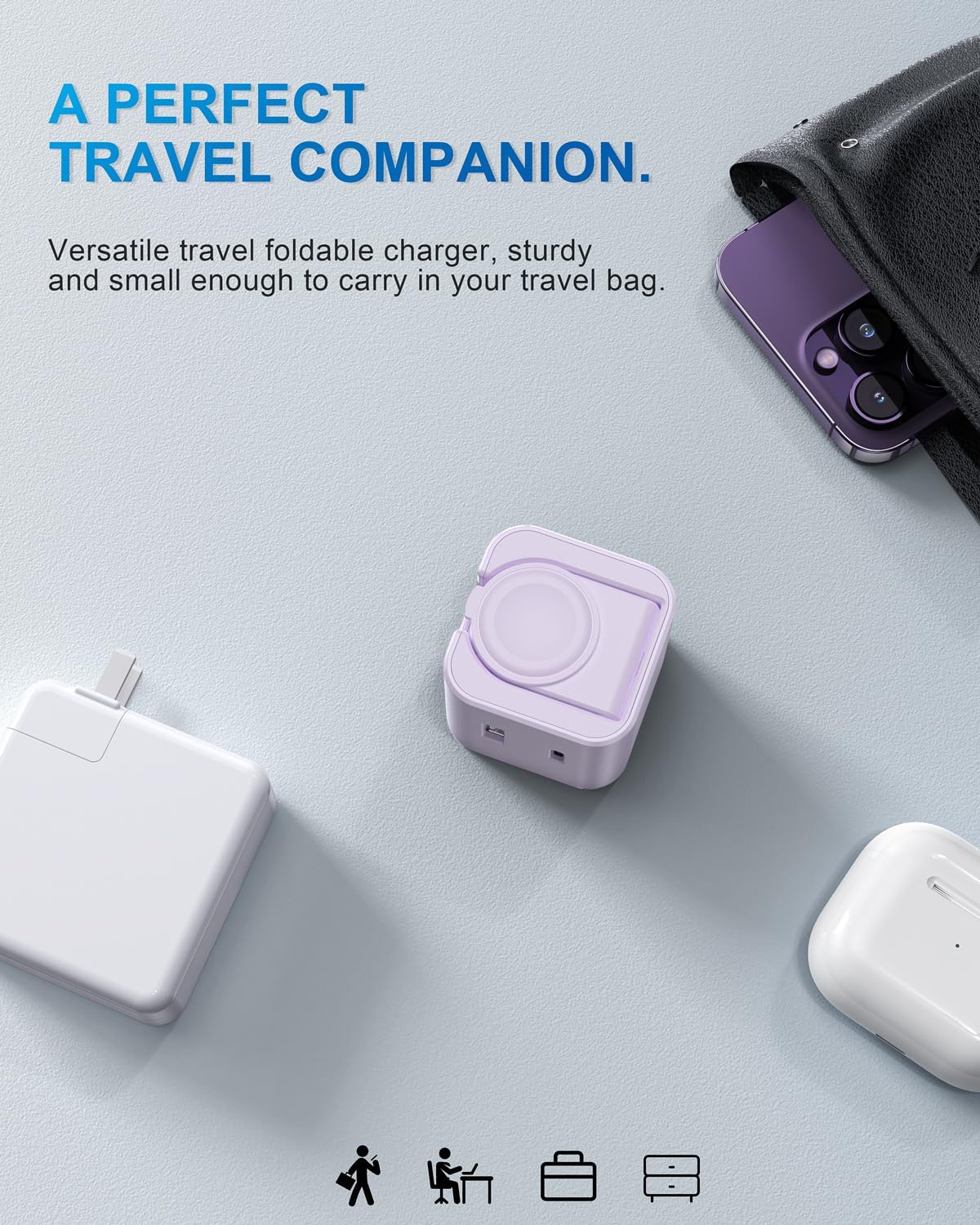 36W for Apple Charging Block with Built-in Watch Charger, Foldable PD Fast Charger Block for iPhone, Dual Ports Wall Charger Compatible with Apple Watch iPhone AirPods(Purple)