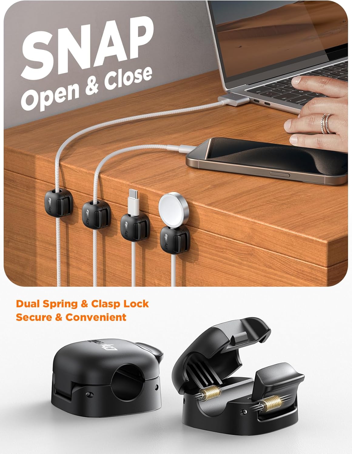 12Pack Cord Organizer - Chfeila [Dual Spring & Clasp Lock] Cable Management Clips, Adhesive Phone Charger Keeper, Compact Wire Holder for Nightstand/Car, Home Office Desk Accessories Decor Essentials