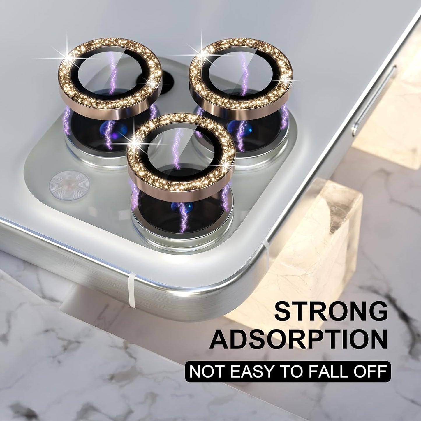 Choiche Compatible for iPhone 16 Pro/iPhone 16 Pro Max Camera Lens Protector Bling, 9H Tempered Glass Camera Cover Screen Protector Metal Ring Decoration Accessories (Glitter-Gold)
