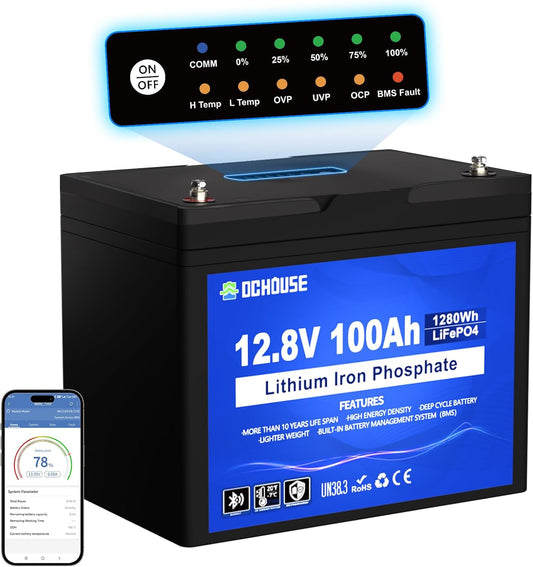 DC HOUSE 12V 100Ah LiFePO4 Trolling Motors Battery with SOC Status Indicators, Bluetooth & Low Temp Cut-Off, 100A Smart BMS, Up to 15000 Cycles for RV, Marine, Boat, Solar Off-Grid