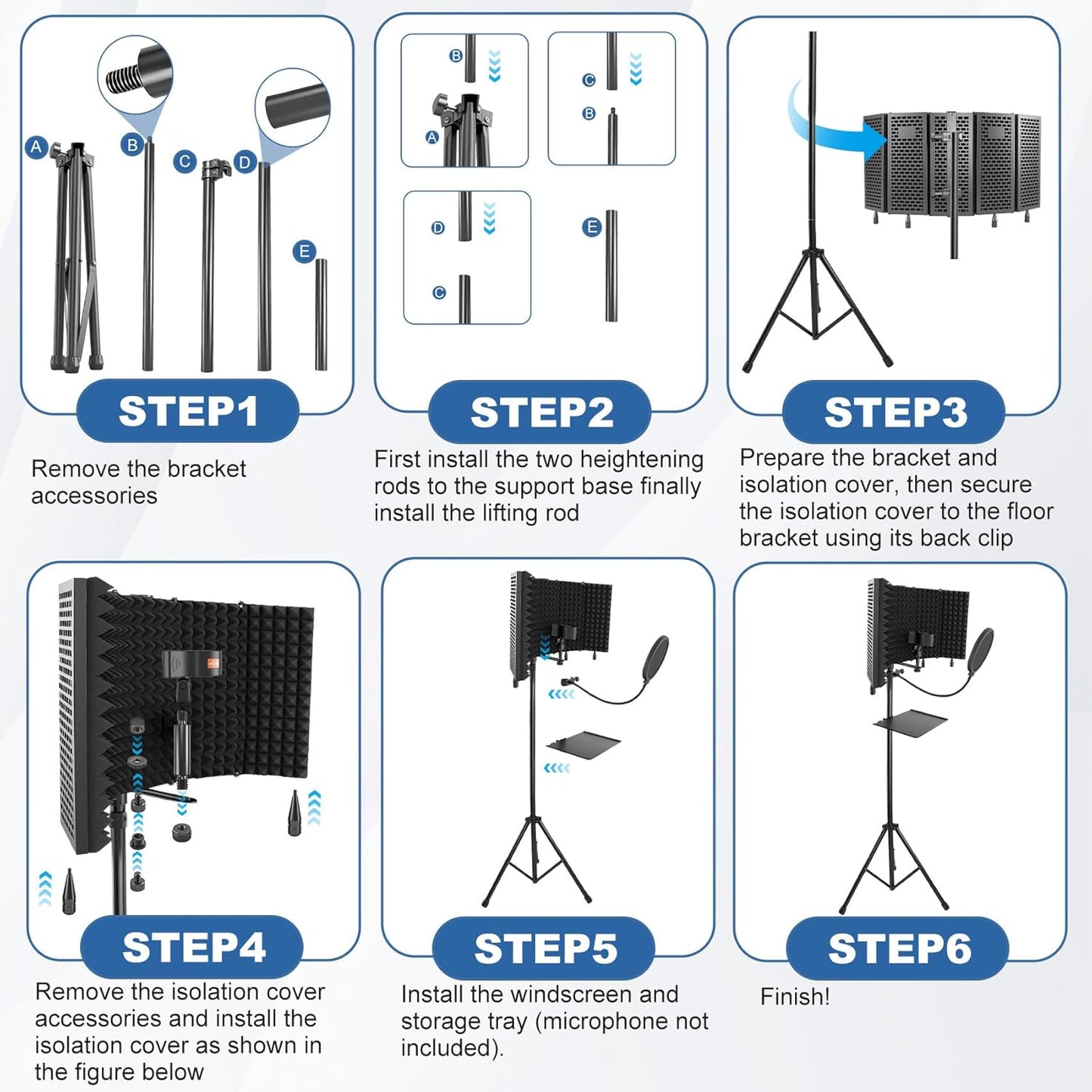 Studio Microphone Stand with Isolation Shield & Pop Filter,5-Sided Tri-Layer microphone isolation shield,Studio Boom Arm Tripod for Crystal Clear Recording,Podcasting,Streaming,Home Studio Equipment