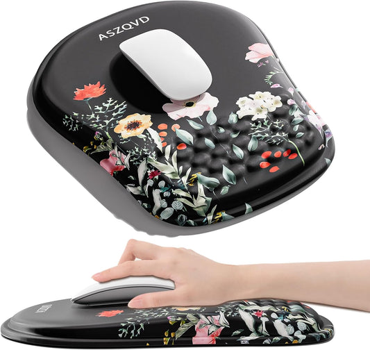 Mouse Pad with Wrist Rest, Ergonomic Mousepads with Wrist Support, Soft Lycra Fabric Memory Foam Office Desk Accessories for Comfort/Pain Relief/PC Gaming/Computer/Laptop (Black Flower)