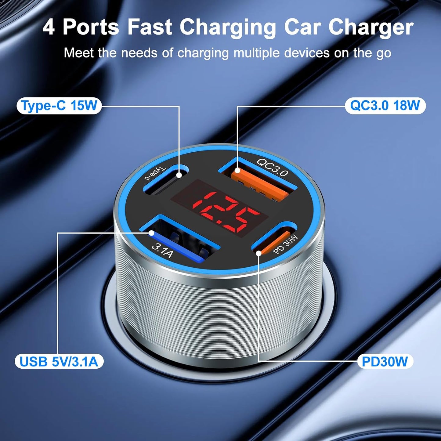 USB C Fast Car Charger, 2Pack 4-Port Fast Charging Car Charger with Voltage Display, Type C Car Chargers for Multiple Devices,USBC Phone Adapter for iPhone 16e 16 15 Pro Max,Galaxy,iPad,Pixel,Android