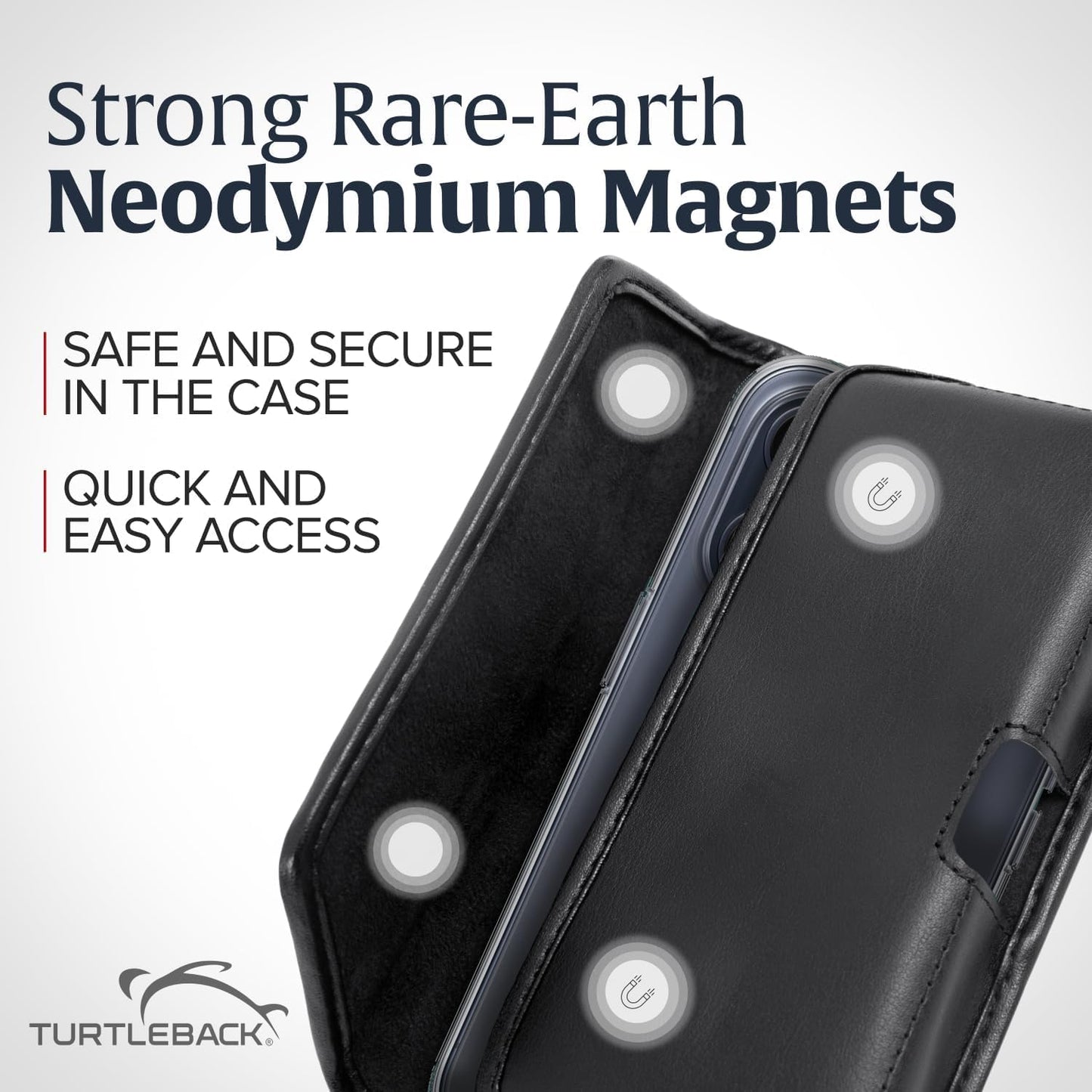 Turtleback Belt Holder for iPhone 16 Pro Max, 15 Pro Max, 14 Pro Max -Small- Fits w/Slim MagSafe Style Cases, Premium Black Leather Horiz. Belt Holster, Magnetic Closure, Leather Wrapped Clip