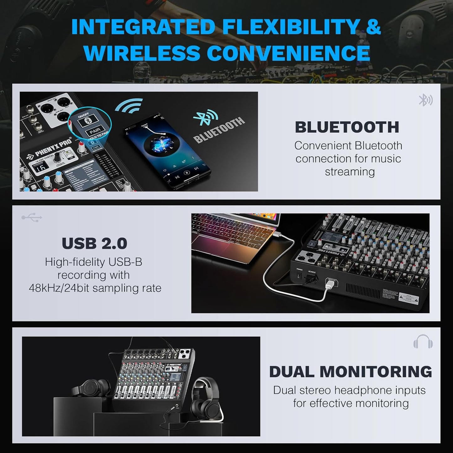 Professional 8-Channel Audio Mixer, Phenyx Pro DJ Sound Mixer Board w/Flexible AUX, BUS, SUB Routing, 16 DSP, BT Streaming & USB-B PC Recording, Mixing Console for Stage, Home Studio (PTL-800)