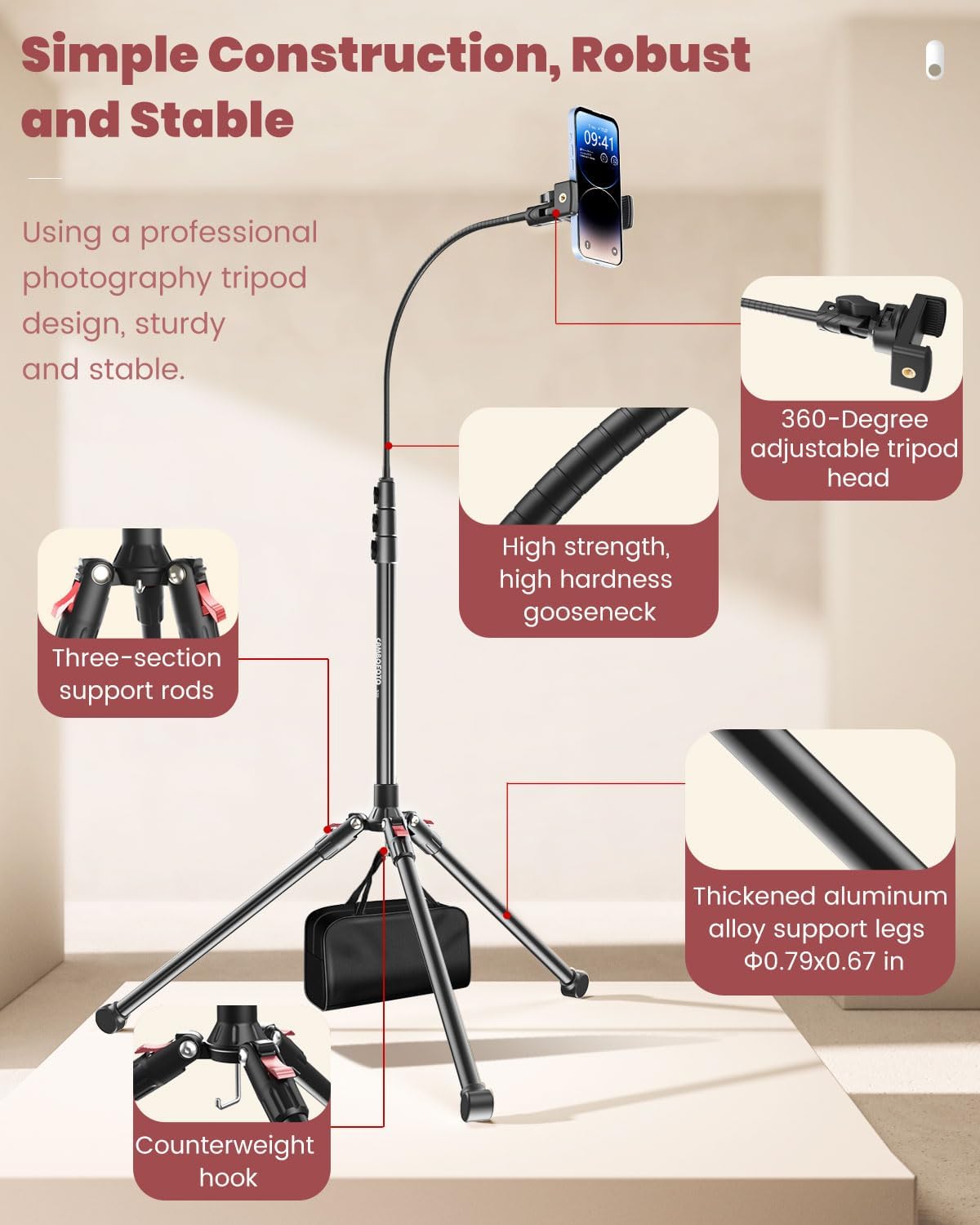 87" Phone Tripod, Overhead Flexible Tall Tripod Stand with Remote, Selfie Stick, Compatible with iPhone, 15.7" Gooseneck/Adjustable 360 Head, Gopro/Ring Light/Webcam/Video Recording/Vlogging