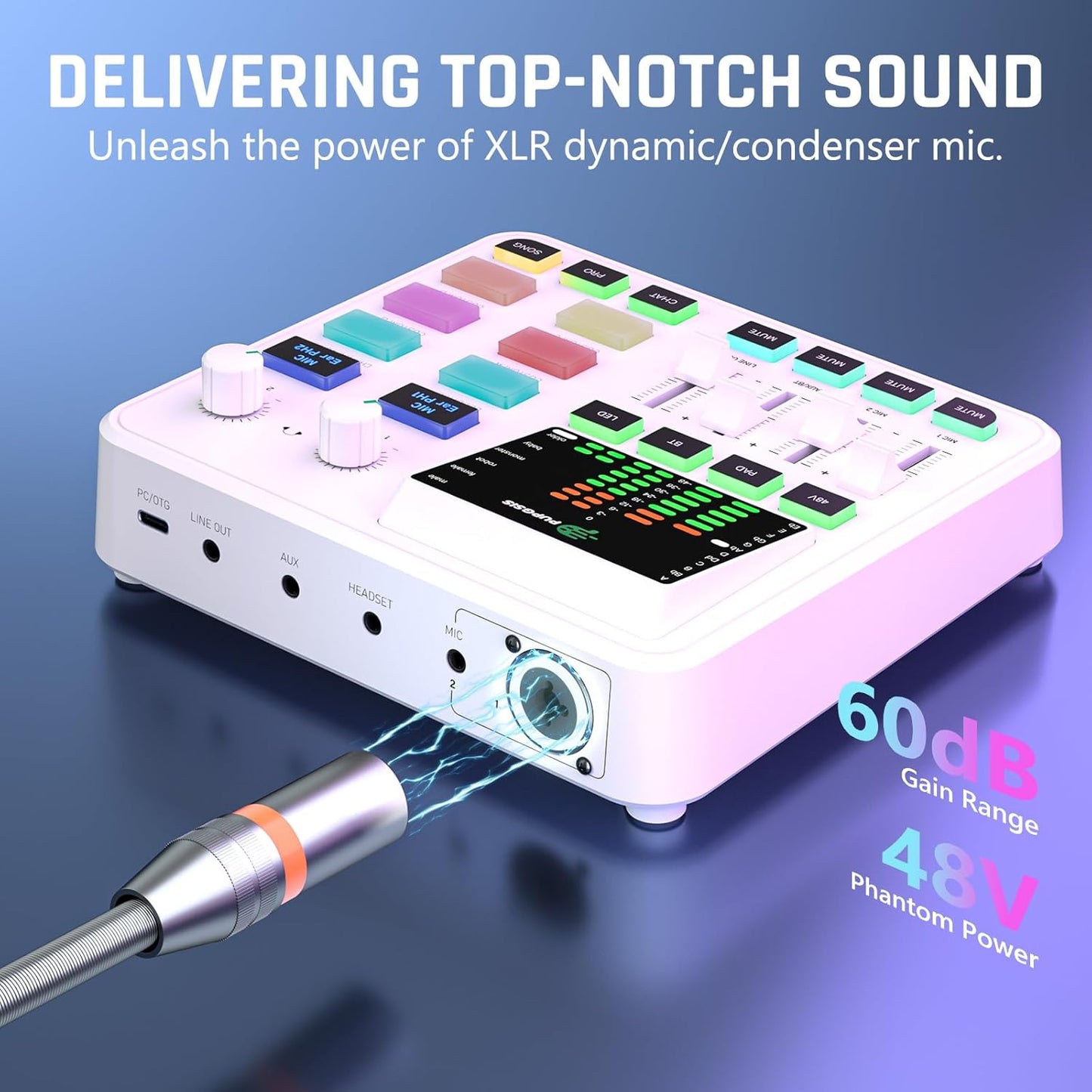 PUPGSIS qwe Gaming Audio Mixer, Audio Interface for PC/Podcast/Streaming, Sound Board with 3.5mm/XLR Mic Input, 48V Phantom Power, Voice Changer, Live Sound Card with DJ Mixer Effects(White)