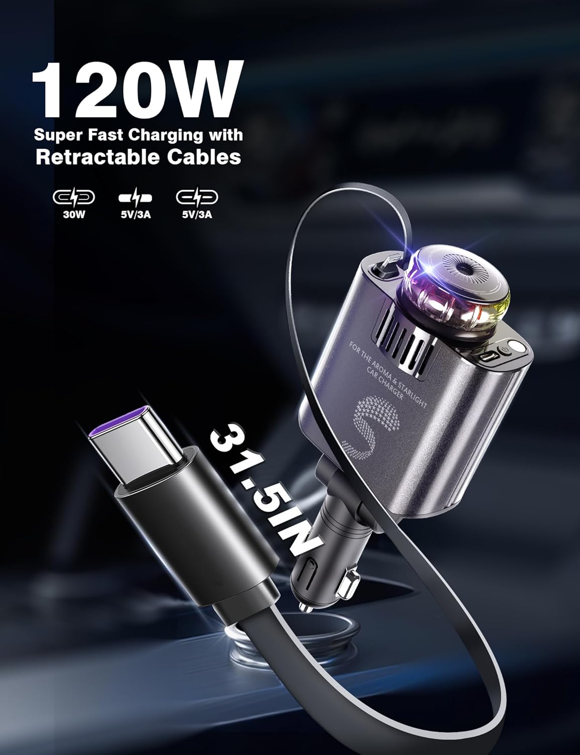 Retractable Car Charger USB C Fast Charging 120W, Car Accessories Cigarette Lighter Adapter with Aromatherapy Starlight, Car Charger iPhone16 15 14 13 12 11 Essentials Gift for Travelers, Men, Women