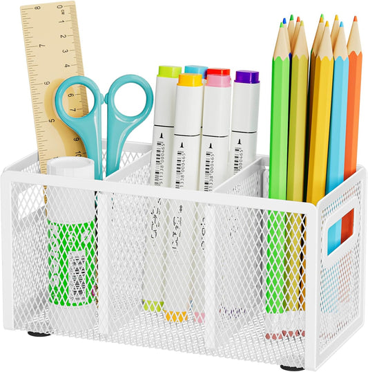Marbrasse Mesh Pen Holder for Desk,Pencil Holder Desk Organizer 3 Adjustable Compartments,Pencil Cup with Handle Perfect for Classroom, Office, Home,Makeup,Art (White)