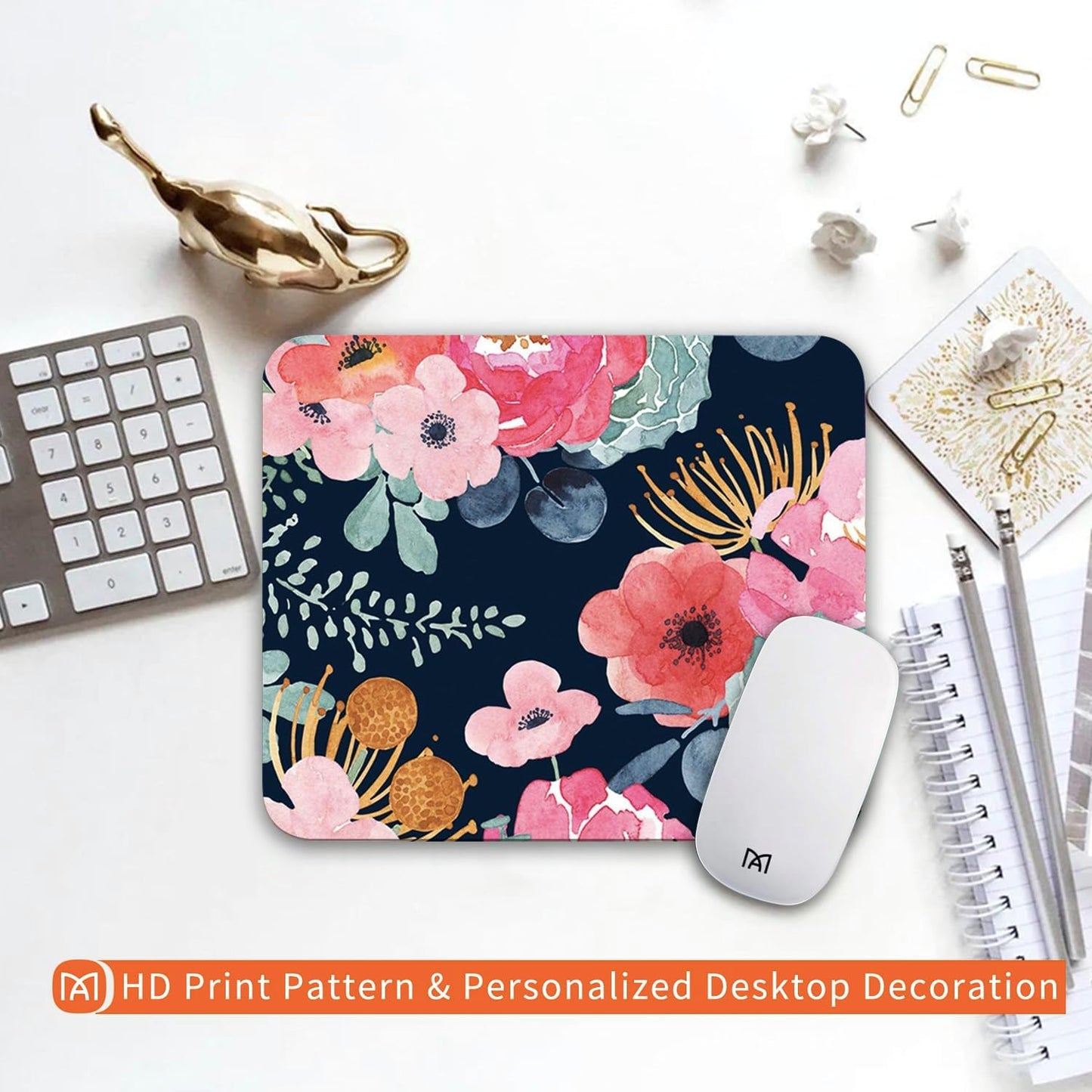 Square Mouse Pad Pink Flower, Personalized Premium-Textured Custom Mouse Mat Design, Washable Mousepad Cloth, Non-Slip Rubber Base Computer Mouse Pads for Wireless Mouse