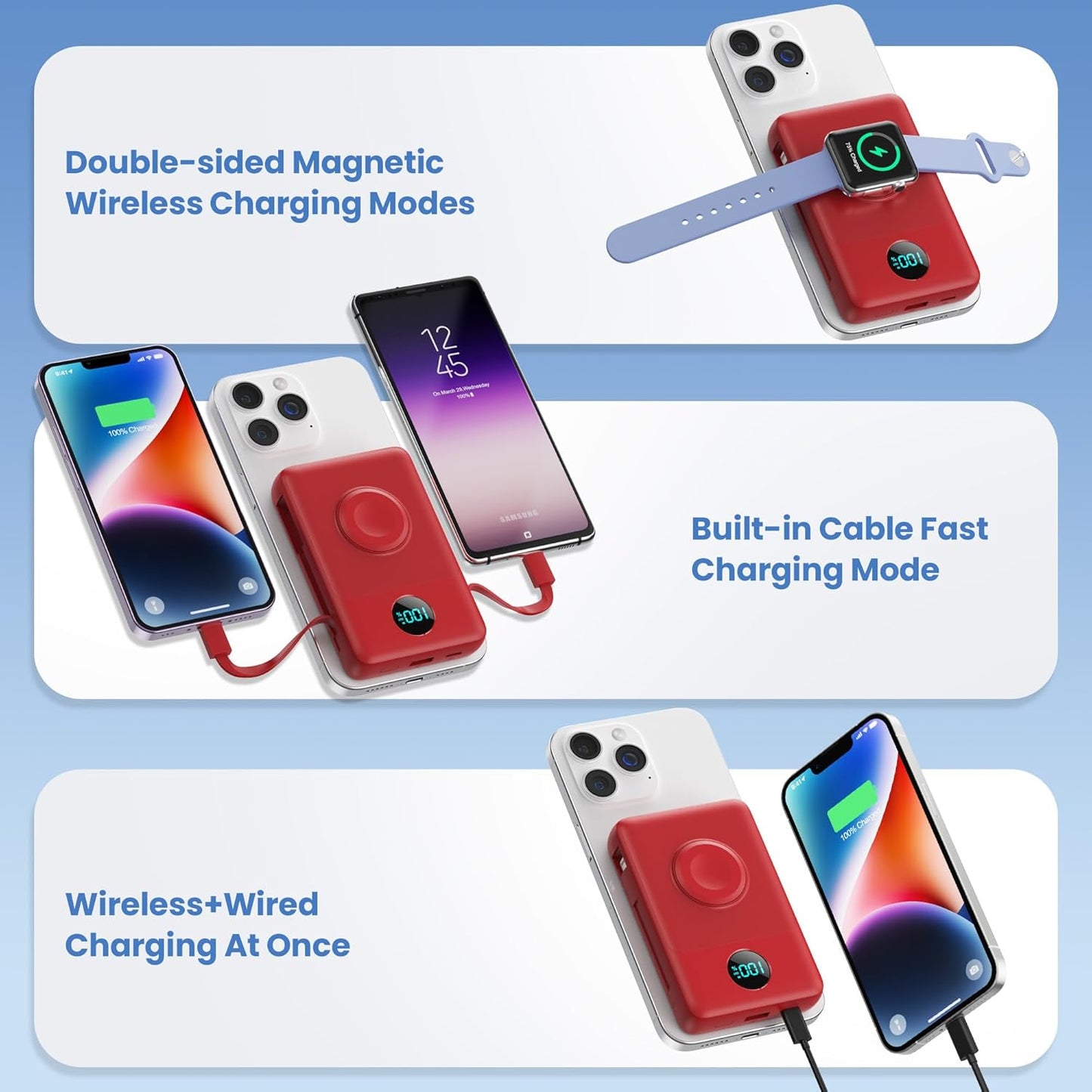 Magnetic Portable Charger 10800mAh for iPhone with Built-in Cables, 6-in-1 Wireless Power Bank with iWatch Charger, 25W PD Fast Charging USB C Battery Pack for iPhone 16/15/14/13/12, Apple Watch(Red)