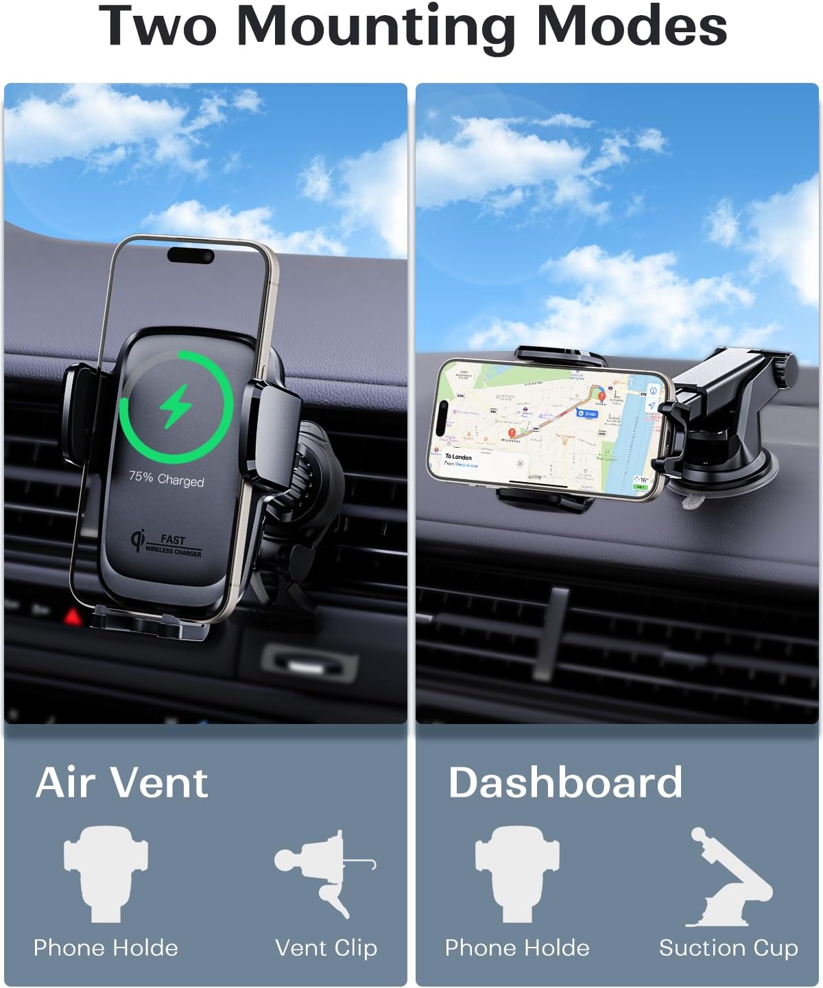 KPON Wireless Charger for Car, Car Phone Holder Charger Mount Qi Certified Auto Clamping 15W Fast Charging for Dashboard Air Vent Windshield Mount for Samsung Galaxy/iPhone 16 15 14 13 12 /Google/LG