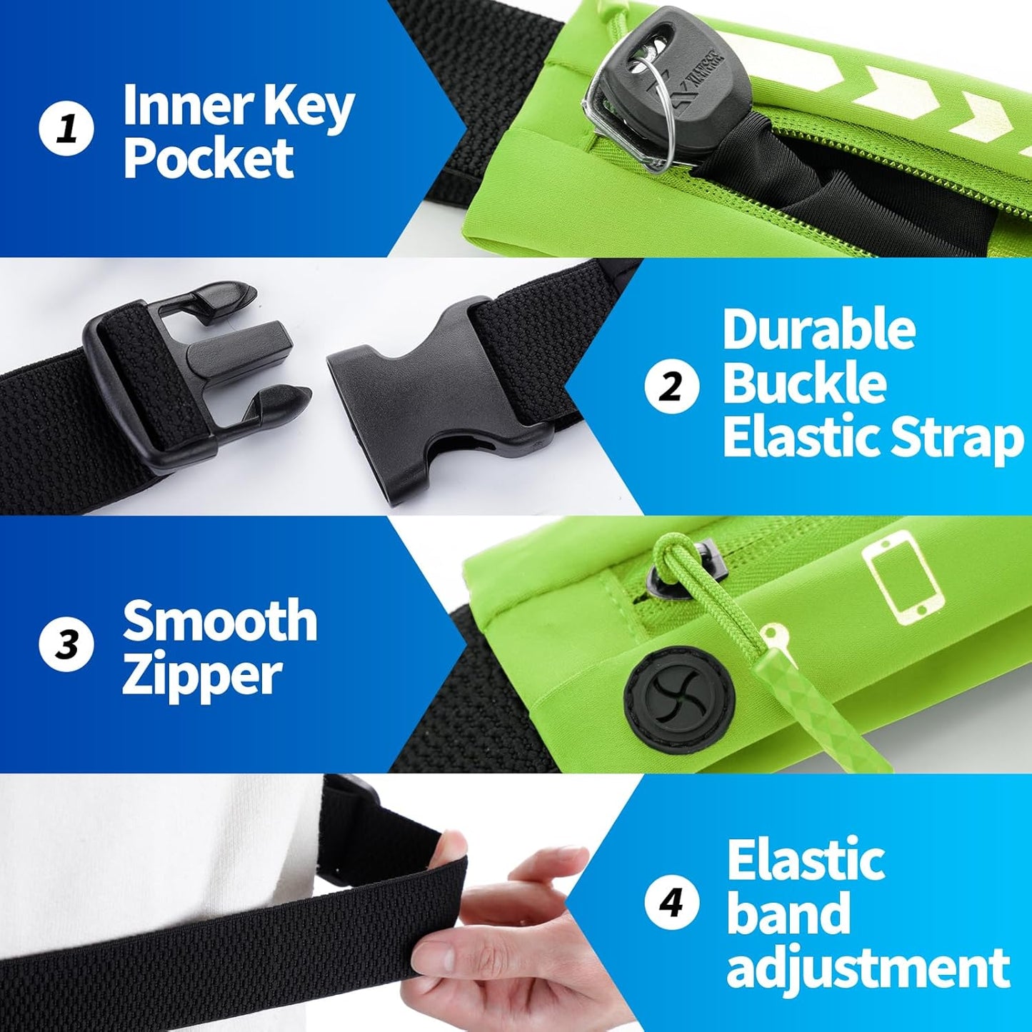 USHAKE Slim Running Belt for Women Men-Runners Phone Holder Fanny Pack, Adjustable, Bounce Free Waist Pouch bag for Workout, Money Belt, Run Gear Accessories Neo Green