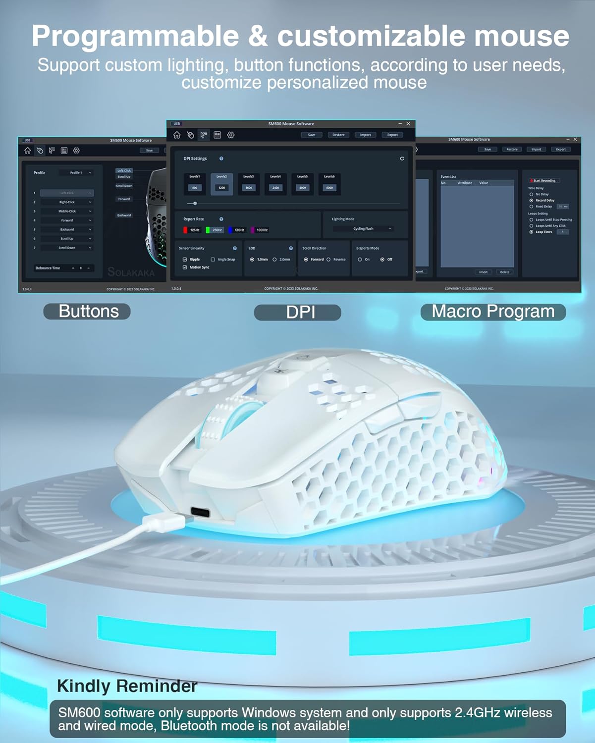 SM600 White Wireless Gaming Mouse,8000 DPI Tri-Modes BT5.1/Type-C Wired/2.4G Wireless Mouse with 2 Side Buttons, Programmable Macro Gamer Mouse with RGB Light for Laptop/PC/Mac