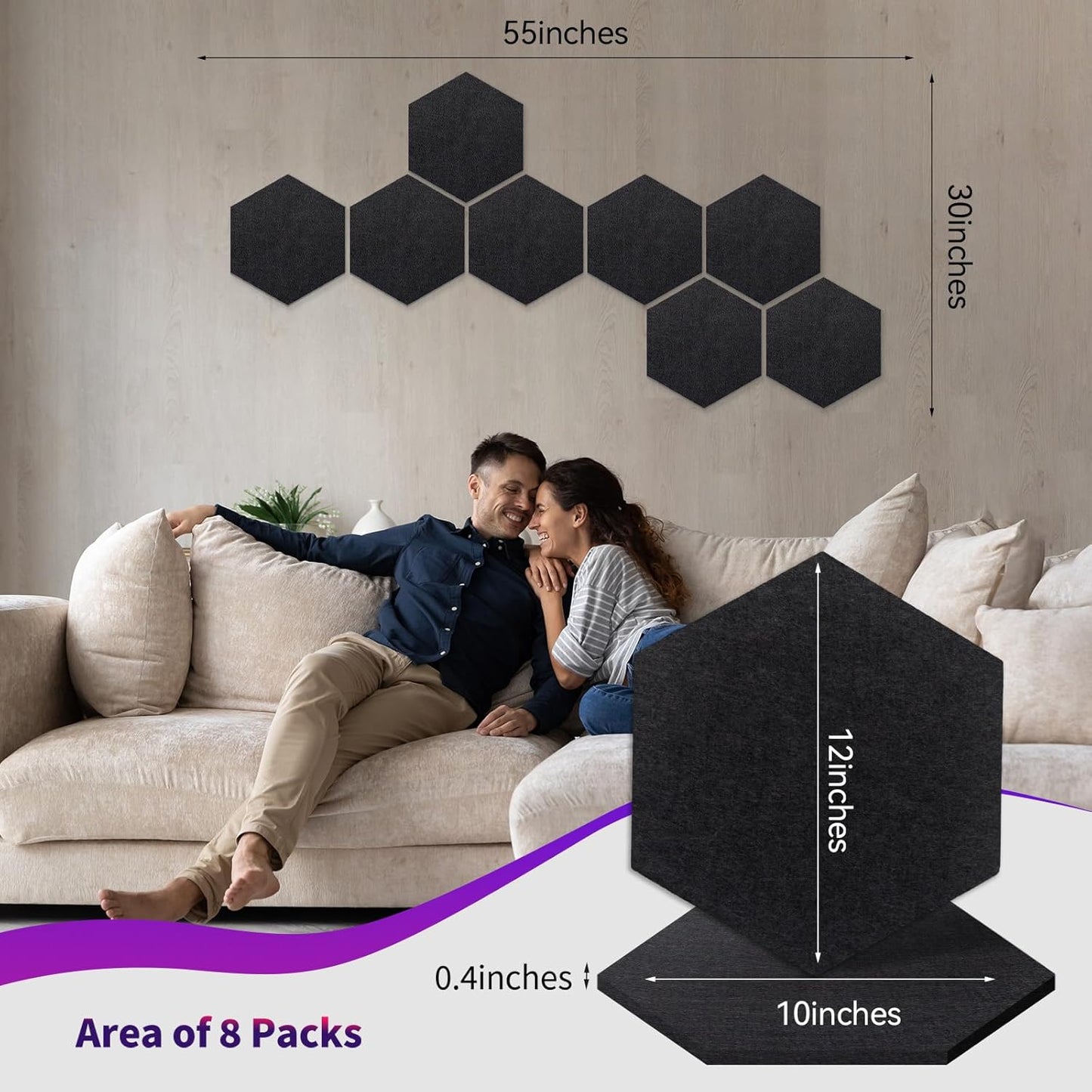 Mollywell Hexagon Acoustic Panels, High Density, Soundproofing, Decorative Noise Reduction Felt Wall Tiles for Ceilings, Home Office & Gaming Room (Black), 12x10x0.4 Inch