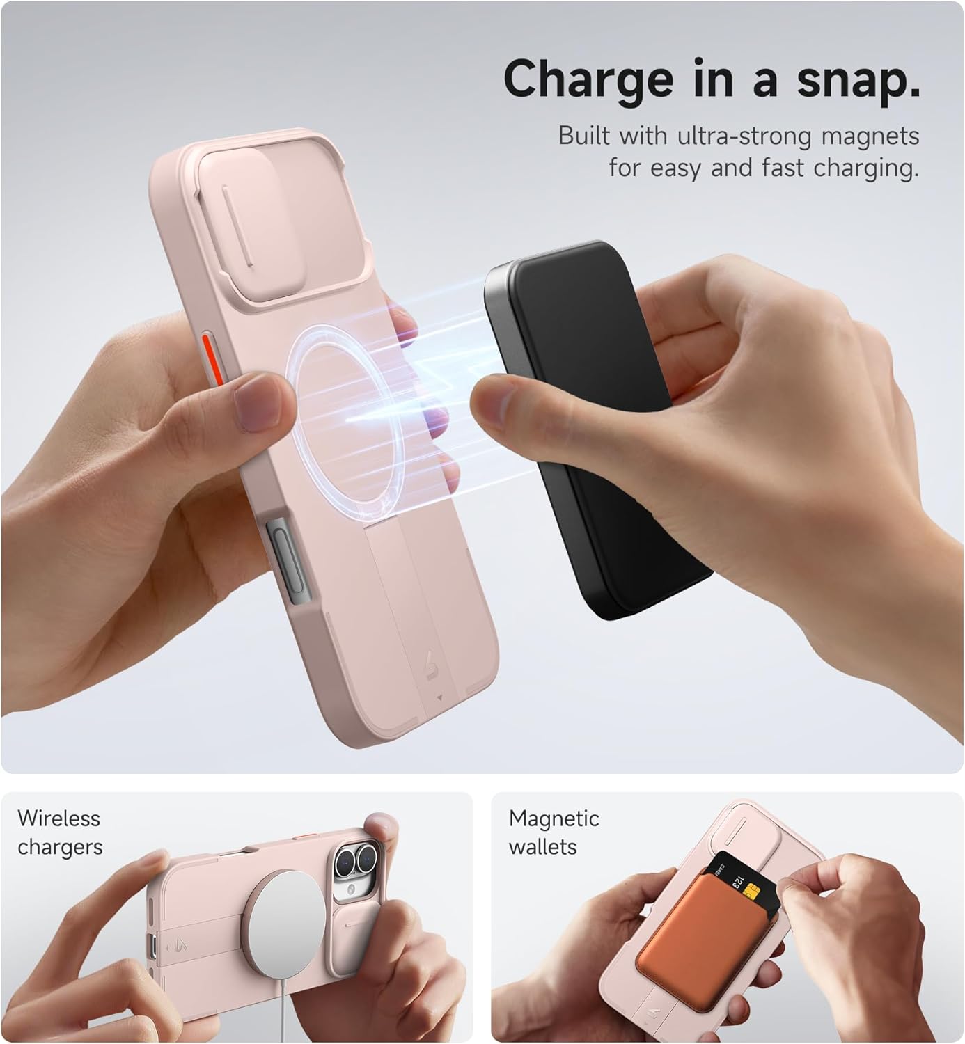 SURITCH for iPhone 16 Plus Case with Magnetic Camera Slide Cover and Adjustable Kickstand, Compatible with MagSafe, Shockproof Bumper Case Slim Protective Cover for iPhone 16 Plus 6.7 Inch, Pink