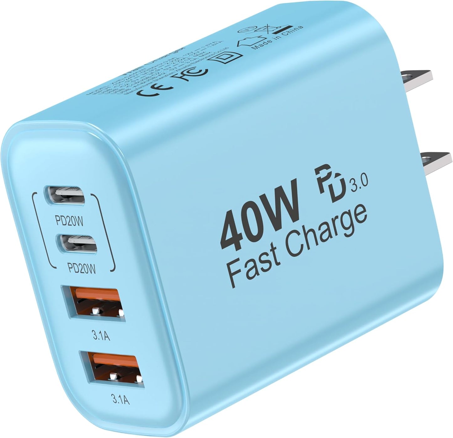 USB C Block 40W, 4 Ports Wall Plug Fast Charging Block, PD+QC Multiport Power Adapter USB C Charger Type C for iPhone 16,15,14,13,12,11, Pro Max, X, Xr, Xs, 8, 7, Watch, Galaxy Phones (Blue 1Pack)