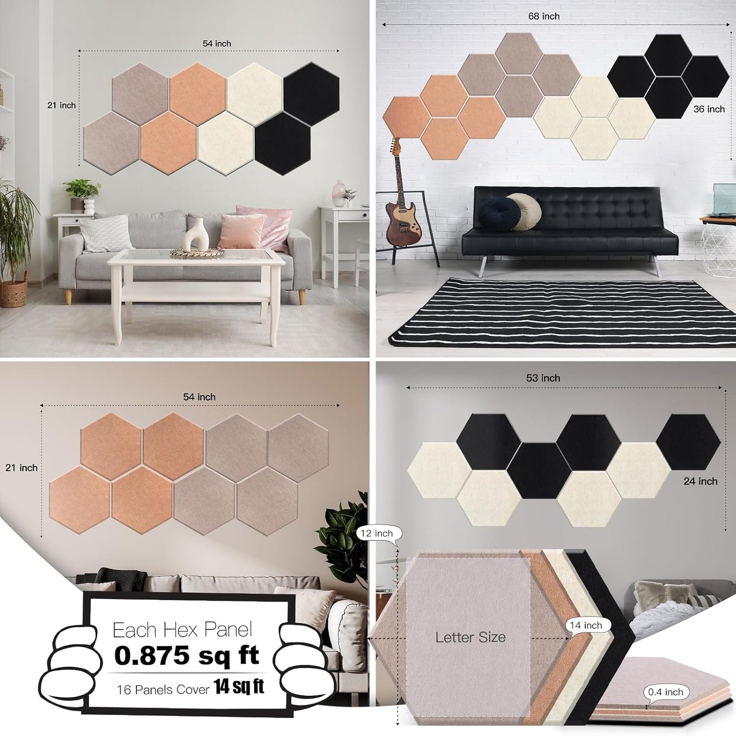 Mollywell Hexagon Acoustic Panels, High Density, Soundproofing, Decorative Noise Reduction Felt Wall Tiles for Studio, Home, Office (Deep Camel, Deep Brown, Black, Light Camel), 14x12x0.4 Inch