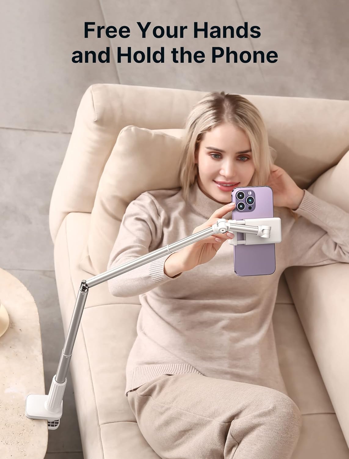 JSAUX Phone Holder for Desk and Bed Compatible with iPhone 16 15 14 13 12 Overhead Phone Mount Gooseneck Phone Stand Flexible 360 Lazy Long Arm Clamp Clip for Table Bedside [1-Pack, White]