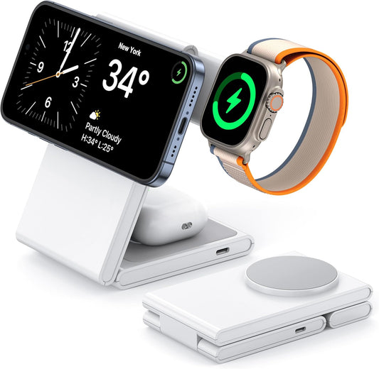 Wireless Charging Station with 20W USB C Adapter, 3 in 1 Magnetic Foldable Travel Charger Stand for iPhone 16 15 14 13 12 Series, Compatible with Apple Watch 10/9/8/7/6/5/4/3/2/SE/Ultra 2/Airpods 4