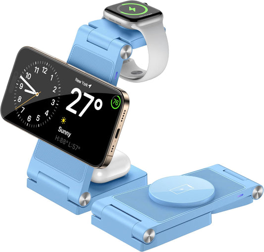 Magnetic Wireless Charger Stand, 3 in 1 Foldable Wireless Charging Station, Travel Charger for Multiple Devices for iPhone 16 15 14 13 12 Series, Apple Watch Ultra/SE/9/8/7/6/5/4/3/2, AirPods