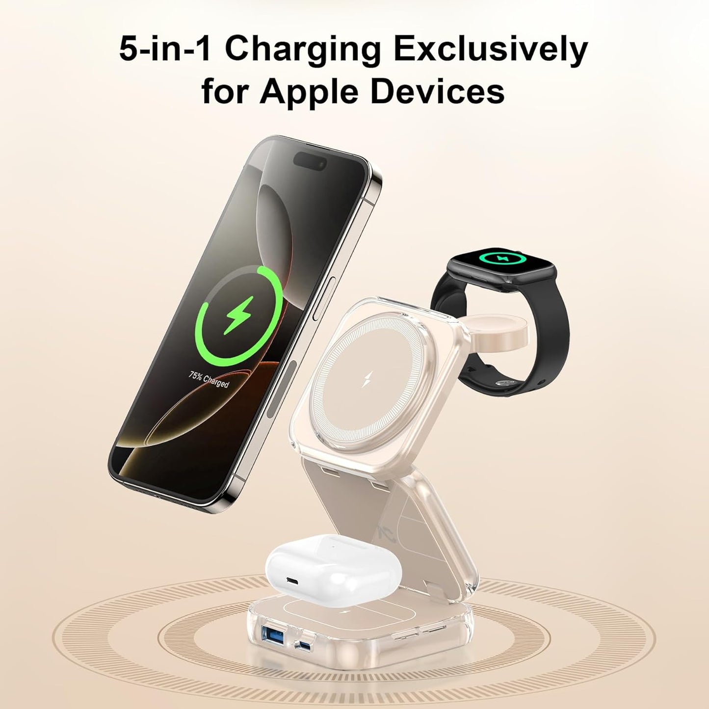 5-in-1 Wireless Charger for MagSafe, AC ISLAND Portable Travel Charging Station, 15W Max Fast Foldable Magnetic Stand, Evolved for iPhone 16/15/14/13 Series, Apple Watch, AirPods (with 35W Adapter)