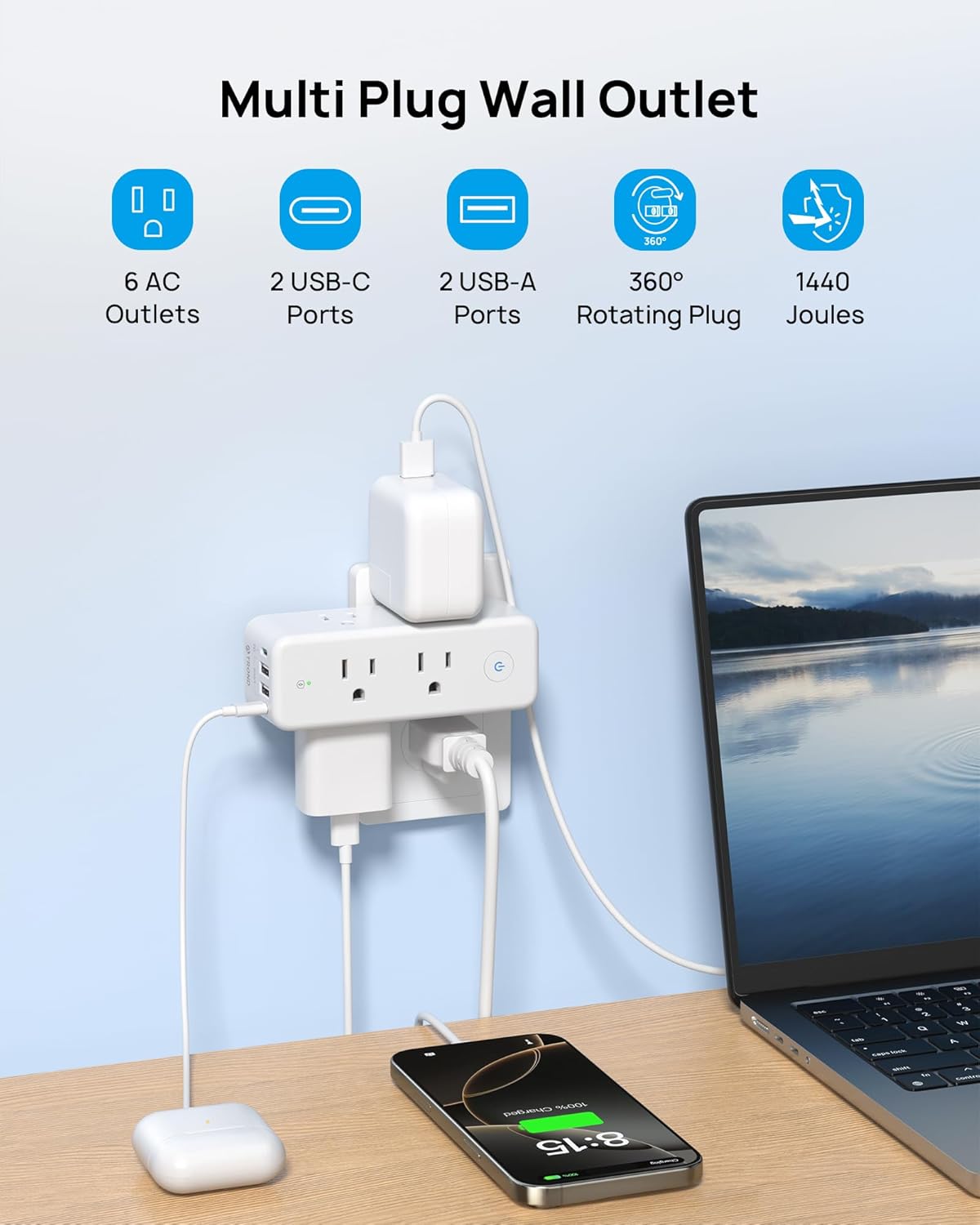 TROND Outlet Extender Surge Protector, 6 AC Outlet Splitter with Rotating Plug 360, Multi Plug Adapter with PD 20W USB C, 1440J, 2 USB-A & 2 USB-C, 3 Way Wall Extension Outlet for Home Office Travel