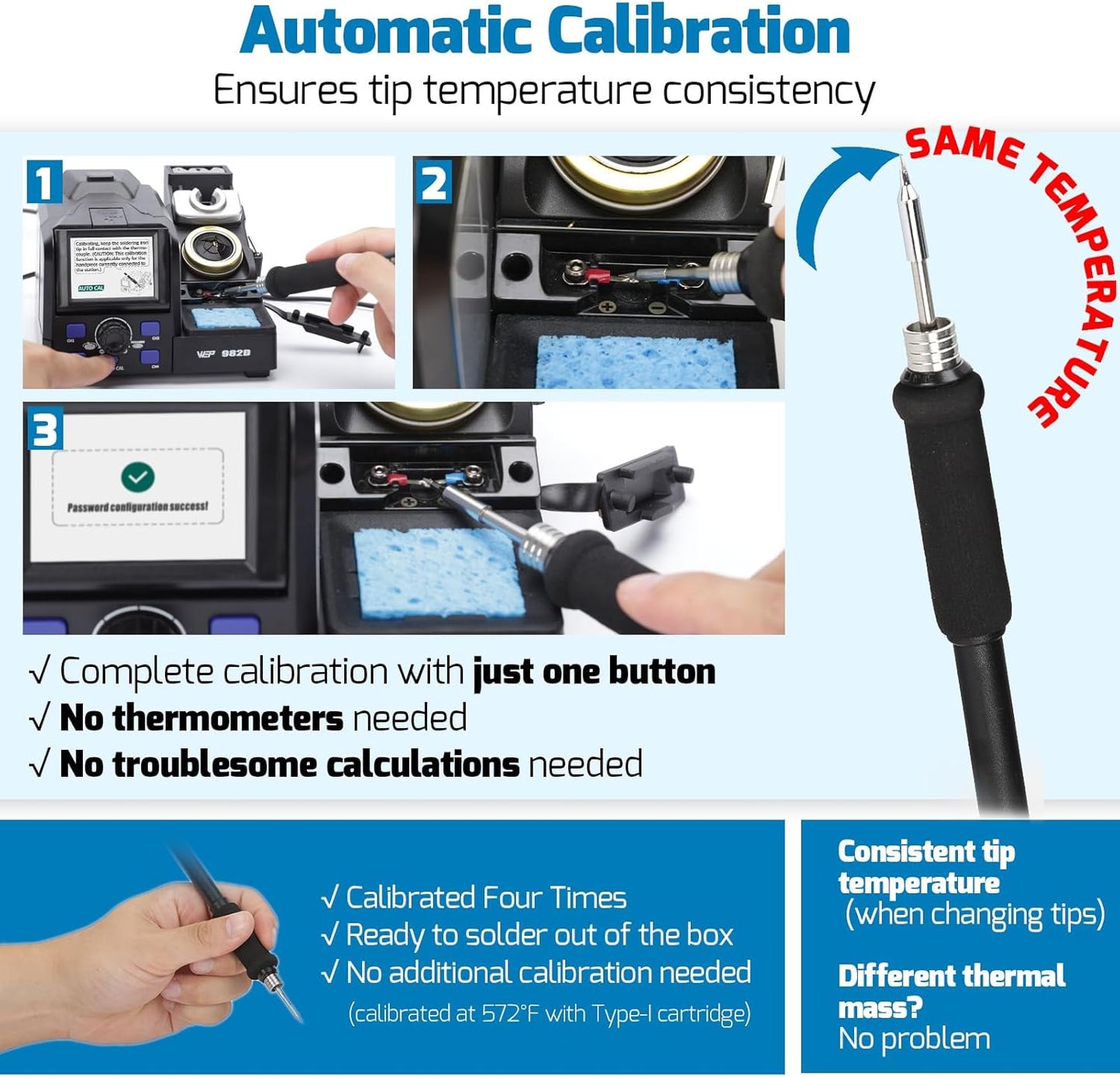 WEP 982D Precision Soldering Station with Automatic Calibration, Tiltable Screen, C245 C210 Compatible Soldering Iron Kit with 2 Spools Lead Free Solder Wire, 6 Soldering Cartridges
