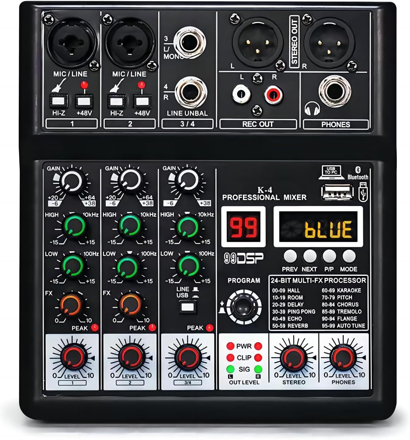 Dj Mixers, 4 Channel Audio Mixer, Sound Board with Bluetooth Player, Usb Audio Interface with 48V Phantom Power, Sounds Mixer Board with 99 DSP FX Reverb Delay Effect