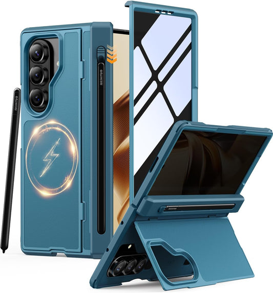 JUESHITUO for Samsung Z Fold 7 Case with MagSafe Compatibility, Privacy Tempered Glass & Hinge Protection, Shockproof Cover for Galaxy Z Fold 7, Includes S Pen Holder(No S Pen) & Kickstand, Blue