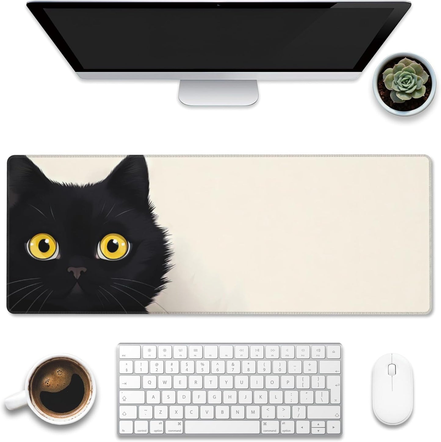 Desk Pad,Black Cat Desk Mat,Cute Cat Large Gaming Mouse Pad for Desk,Extended Big Computer Keyboard Mouse Pad with Non-Slip Base and Stitched Edge,31.5"x11.8"