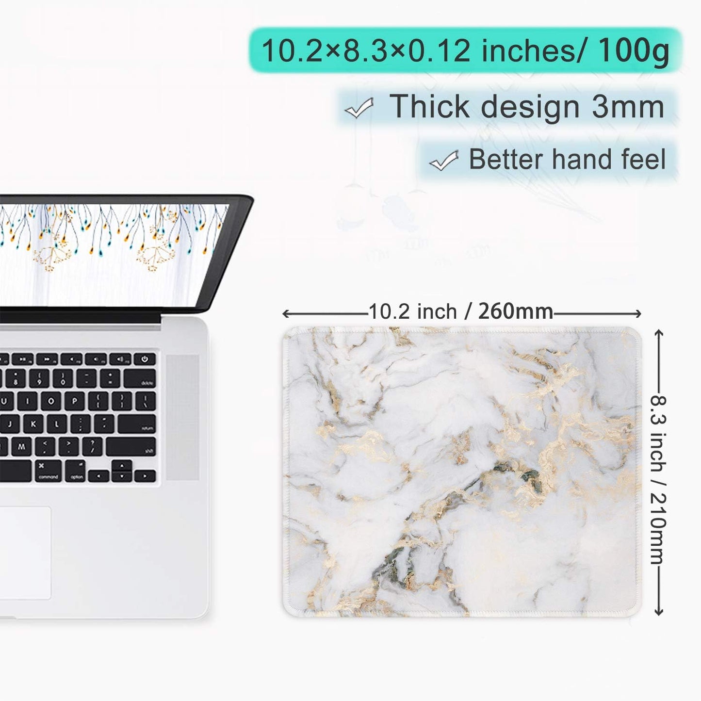 ITNRSIIET Mouse Pad with Stitched Edge Premium Textured Smooth Precise Operation Waterproof Washable Non-Slip Rubber Base Desktop Protection Mat, 10.2×8.3×0.12 inches, Gray Marbling Gold